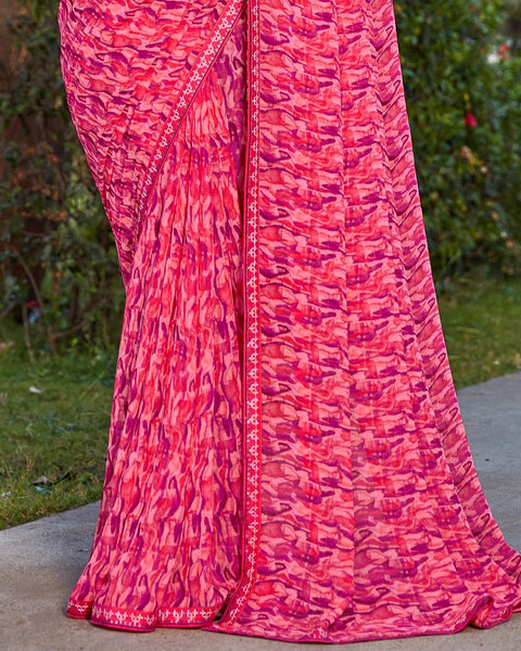 Pink Salmon Printed Georgette Saree With Fancy Border