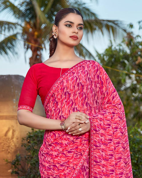 Pink Salmon Printed Georgette Saree With Fancy Border