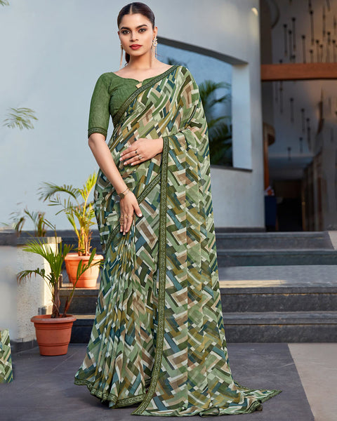 Army Green Printed Georgette Saree With Fancy Border