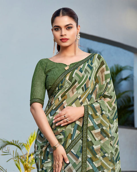 Army Green Printed Georgette Saree With Fancy Border