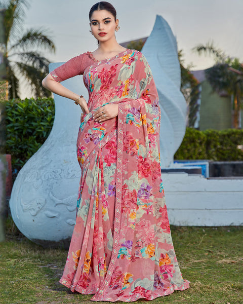 Contessa Pink Printed Georgette Saree With Fancy Border