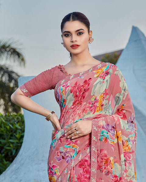 Contessa Pink Printed Georgette Saree With Fancy Border