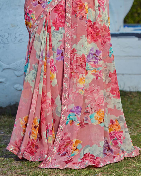 Contessa Pink Printed Georgette Saree With Fancy Border