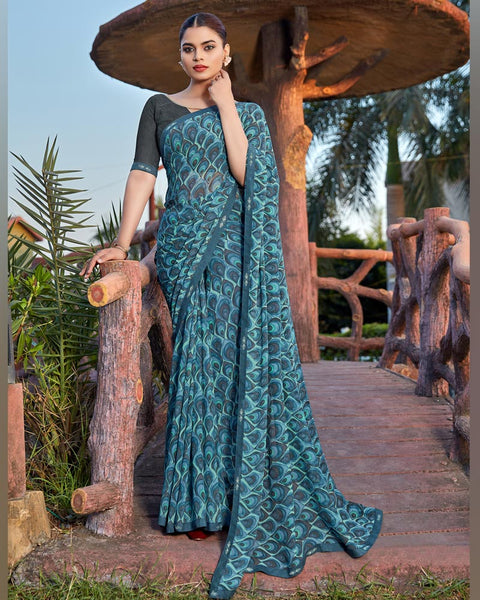 Bismark Blue Printed Georgette Saree With Fancy Border