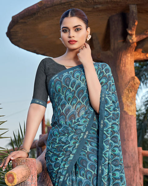 Bismark Blue Printed Georgette Saree With Fancy Border