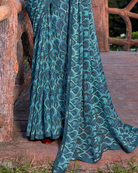 Bismark Blue Printed Georgette Saree With Fancy Border