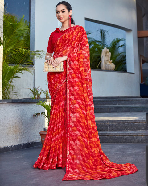 Cherry Red Printed Georgette Saree With Fancy Border