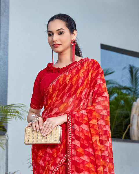 Cherry Red Printed Georgette Saree With Fancy Border