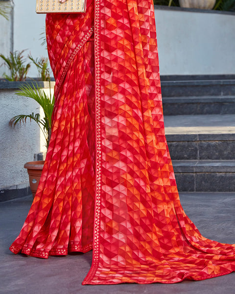 Cherry Red Printed Georgette Saree With Fancy Border