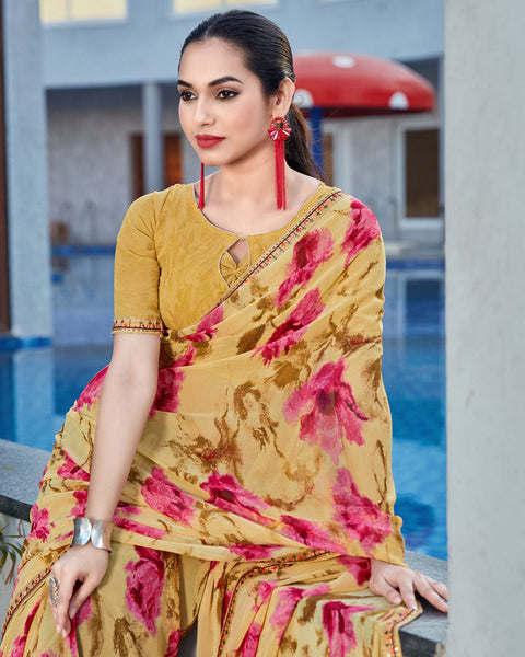 Whiskey Yellow Printed Georgette Saree With Fancy Border