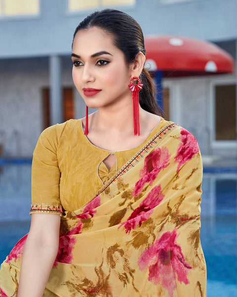 Whiskey Yellow Printed Georgette Saree With Fancy Border