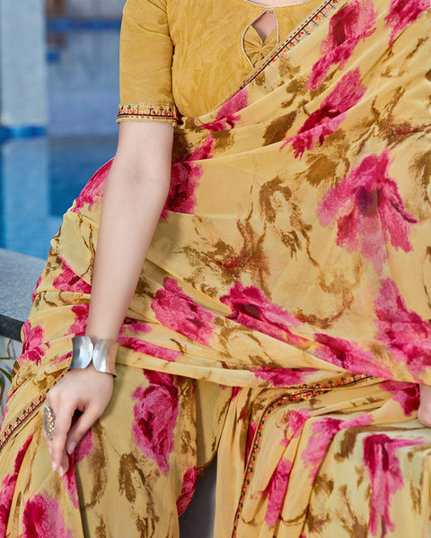 Whiskey Yellow Printed Georgette Saree With Fancy Border