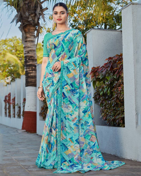 Ocean Blue Printed Georgette Saree With Fancy Border