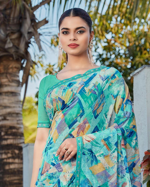 Ocean Blue Printed Georgette Saree With Fancy Border