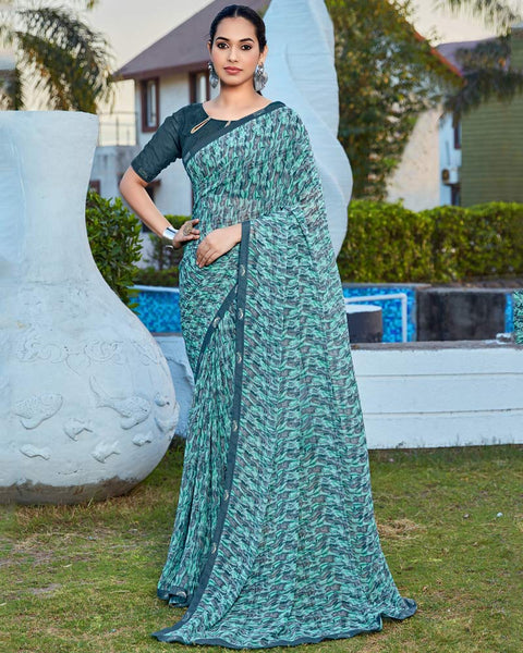 Ocean Blue Printed Georgette Saree With Fancy Border