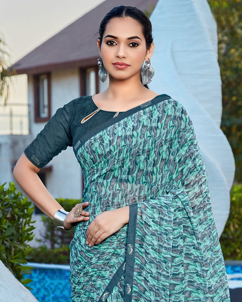 Ocean Blue Printed Georgette Saree With Fancy Border