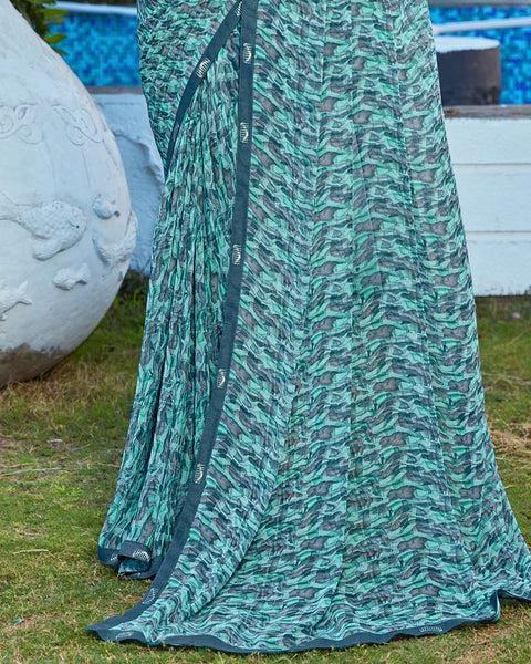 Ocean Blue Printed Georgette Saree With Fancy Border