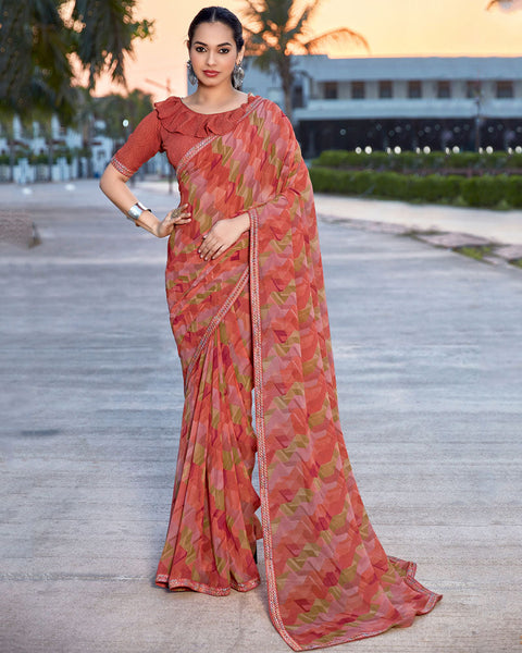 Dark Peach Printed Georgette Saree With Fancy Border