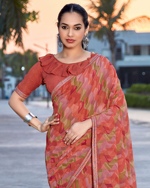 Dark Peach Printed Georgette Saree With Fancy Border