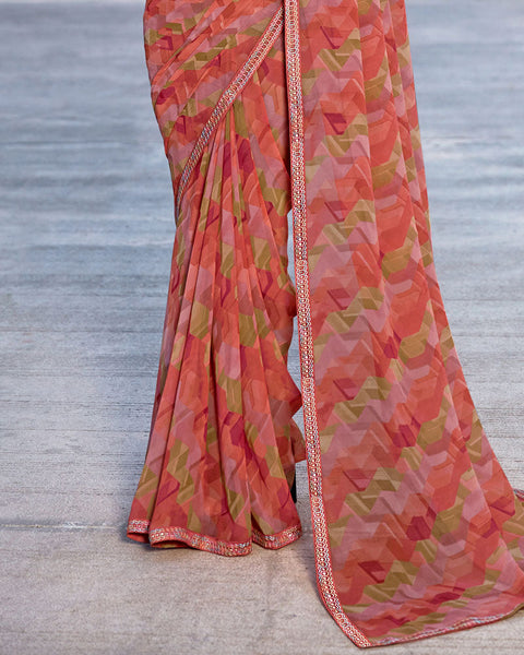 Dark Peach Printed Georgette Saree With Fancy Border
