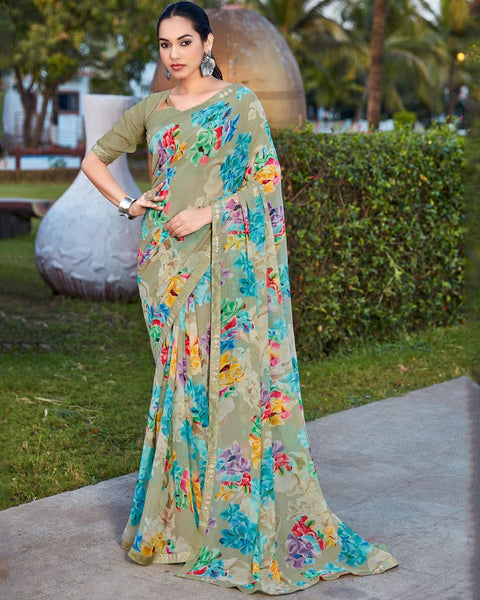 Hillary Green Printed Georgette Saree With Fancy Border