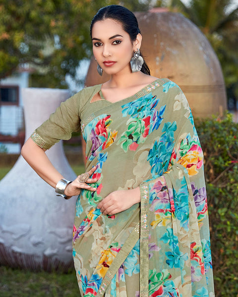 Hillary Green Printed Georgette Saree With Fancy Border