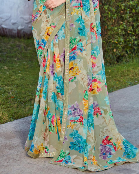 Hillary Green Printed Georgette Saree With Fancy Border