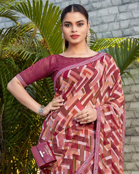 Light Burgundy Printed Georgette Saree With Fancy Border