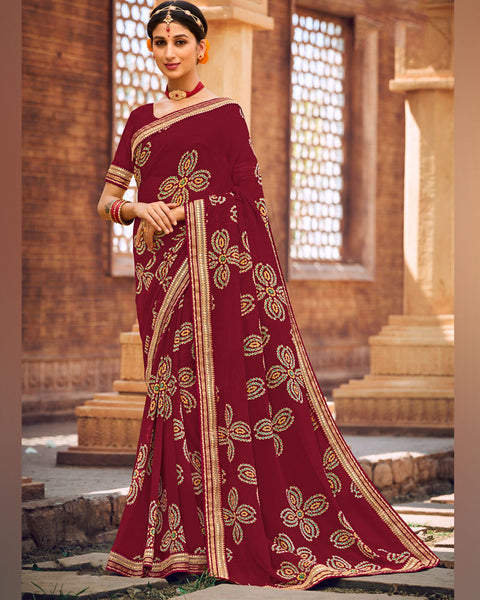 Burgundy Printed Georgette Bandhani Print Saree With Fancy Border