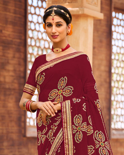 Burgundy Printed Georgette Bandhani Print Saree With Fancy Border