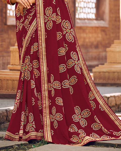 Burgundy Printed Georgette Bandhani Print Saree With Fancy Border