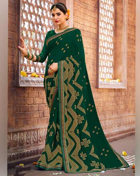 Dark Green Printed Georgette Bandhani Print Saree With Fancy Border