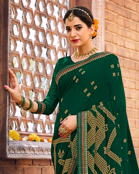 Dark Green Printed Georgette Bandhani Print Saree With Fancy Border
