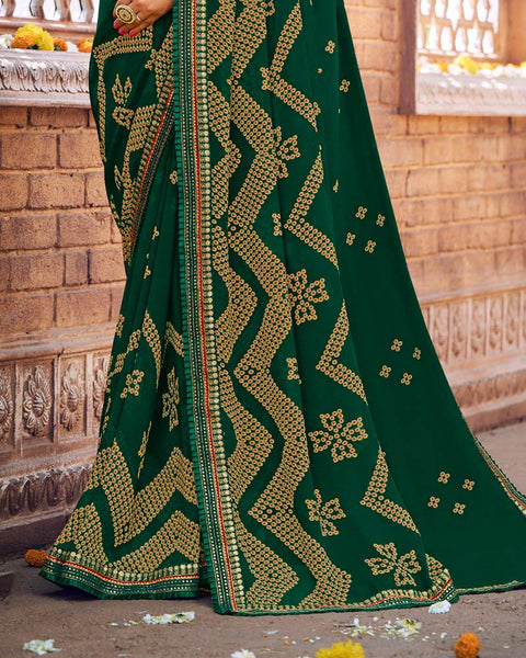 Dark Green Printed Georgette Bandhani Print Saree With Fancy Border