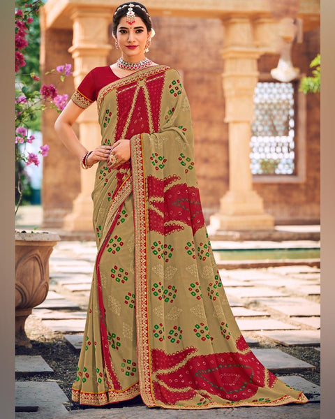 Beige Printed Georgette Bandhani Print Saree With Fancy Border