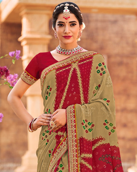 Beige Printed Georgette Bandhani Print Saree With Fancy Border