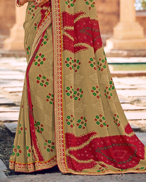 Beige Printed Georgette Bandhani Print Saree With Fancy Border