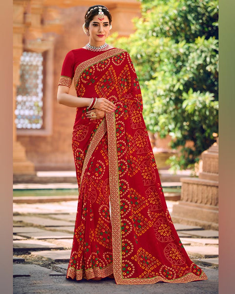 Dark Red Printed Georgette Bandhani Print Saree With Fancy Border