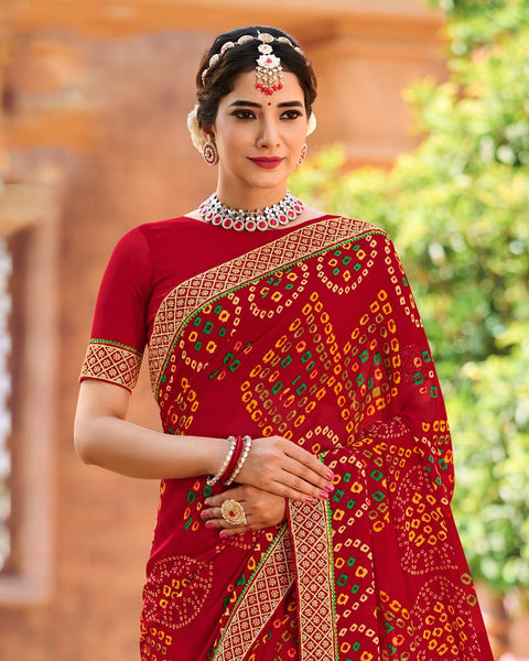 Dark Red Printed Georgette Bandhani Print Saree With Fancy Border