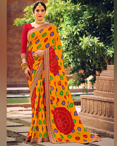 Orange Printed Georgette Bandhani Print Saree With Fancy Border