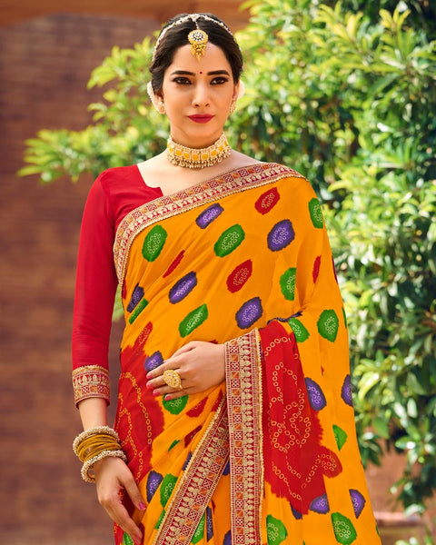Orange Printed Georgette Bandhani Print Saree With Fancy Border