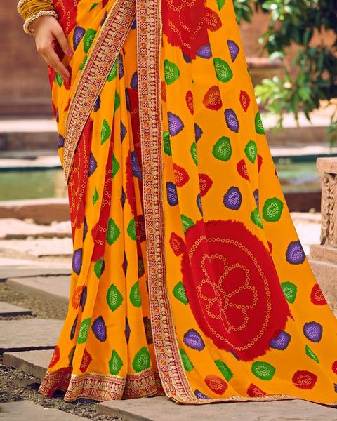 Orange Printed Georgette Bandhani Print Saree With Fancy Border