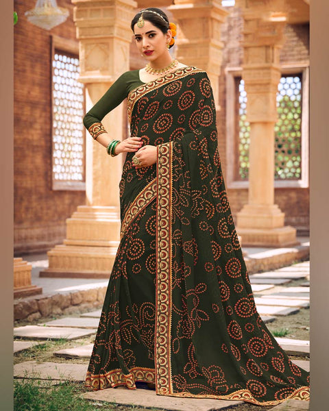 Dark Olive Green Printed Georgette Bandhani Print Saree With Fancy Border