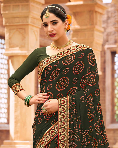 Dark Olive Green Printed Georgette Bandhani Print Saree With Fancy Border