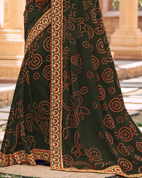 Dark Olive Green Printed Georgette Bandhani Print Saree With Fancy Border
