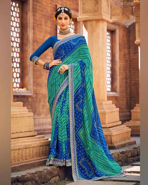 Teal Blue Printed Georgette Bandhani Print Saree With Fancy Border