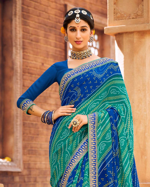 Teal Blue Printed Georgette Bandhani Print Saree With Fancy Border