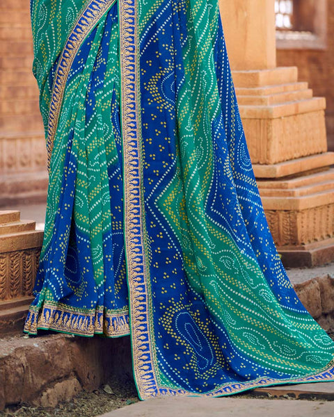 Teal Blue Printed Georgette Bandhani Print Saree With Fancy Border