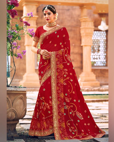 Dark Red Printed Georgette Bandhani Print Saree With Fancy Border