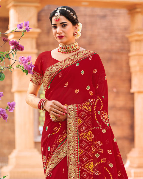 Dark Red Printed Georgette Bandhani Print Saree With Fancy Border